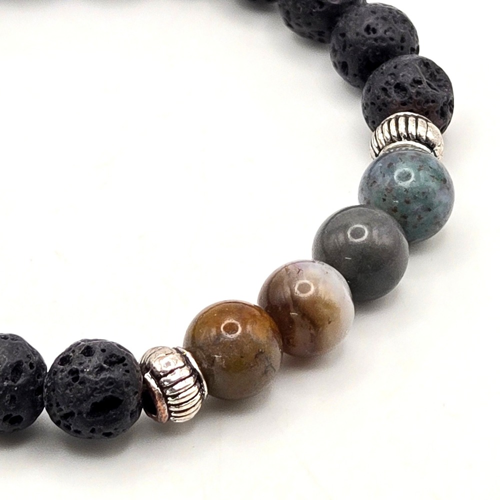 Black Lava Rock and Natural Stone Stretch Diffuser Bracelet Silver Spacers 8mm